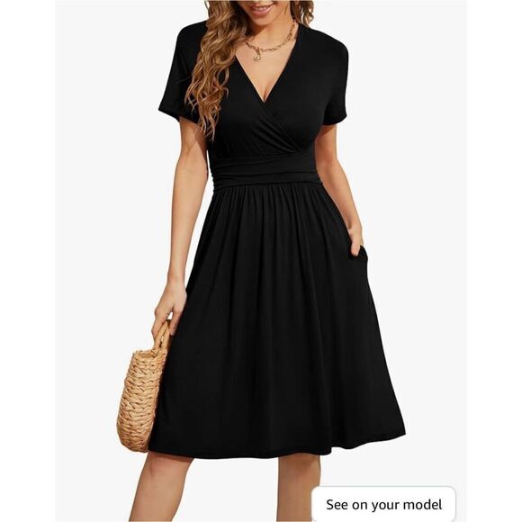 NEW Black Short Sleeve Casual V-Neck Dress Pockets M - Picture 1 of 6